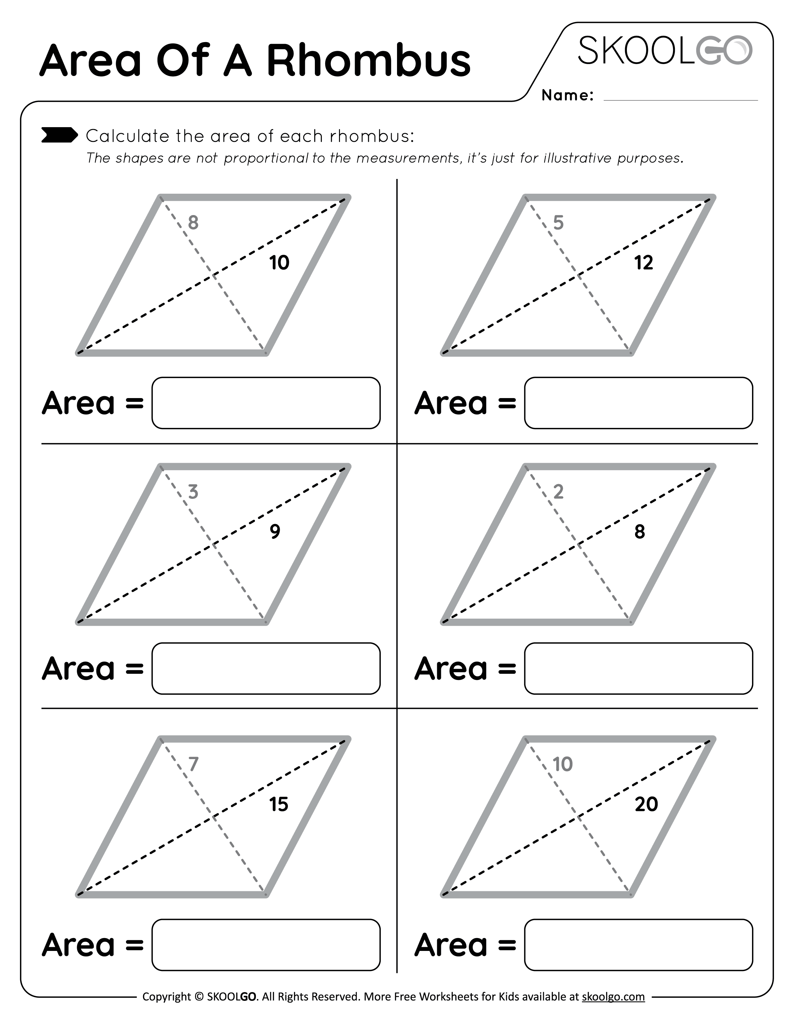 Area of a Rhombus - Free Worksheet for Kids - SKOOLGO