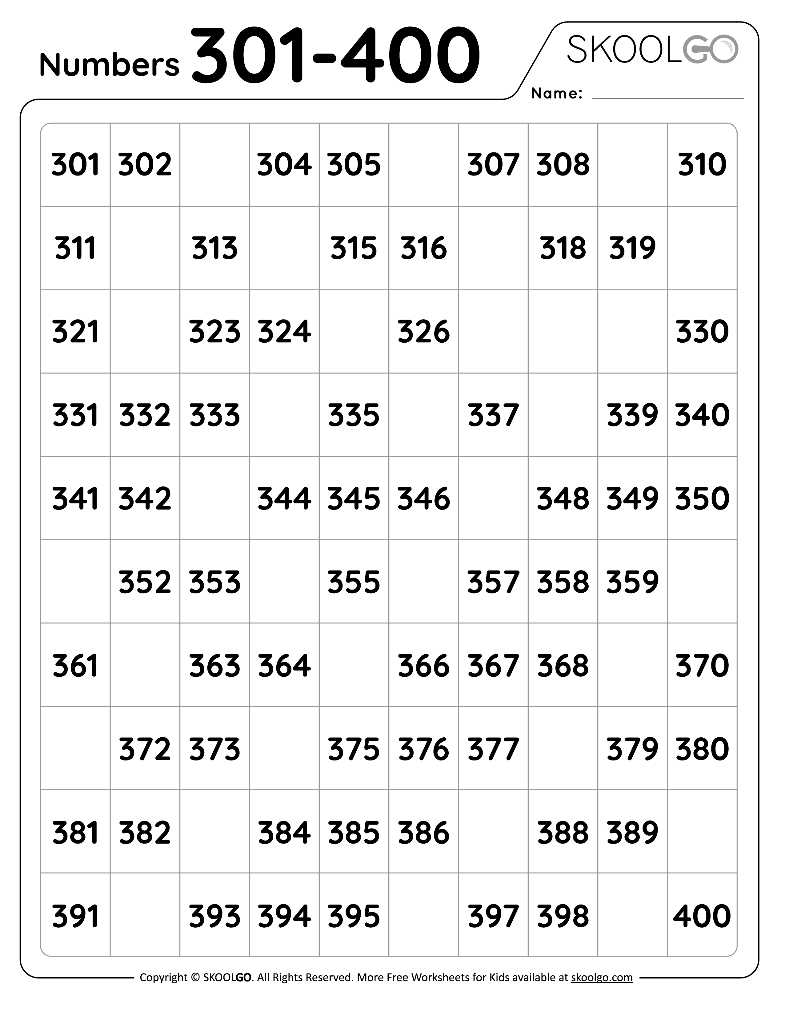Numbers 301 To 400 Free Worksheet For Kids SKOOLGO