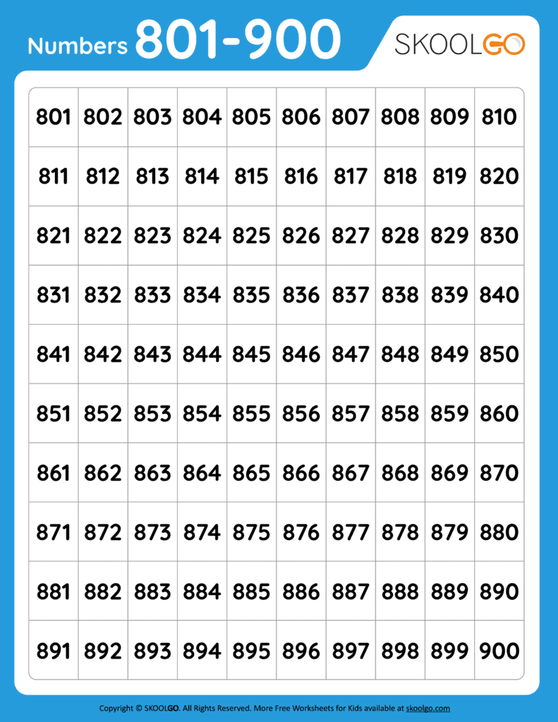 Numbers 801 To 900 Free Worksheet For Kids SKOOLGO