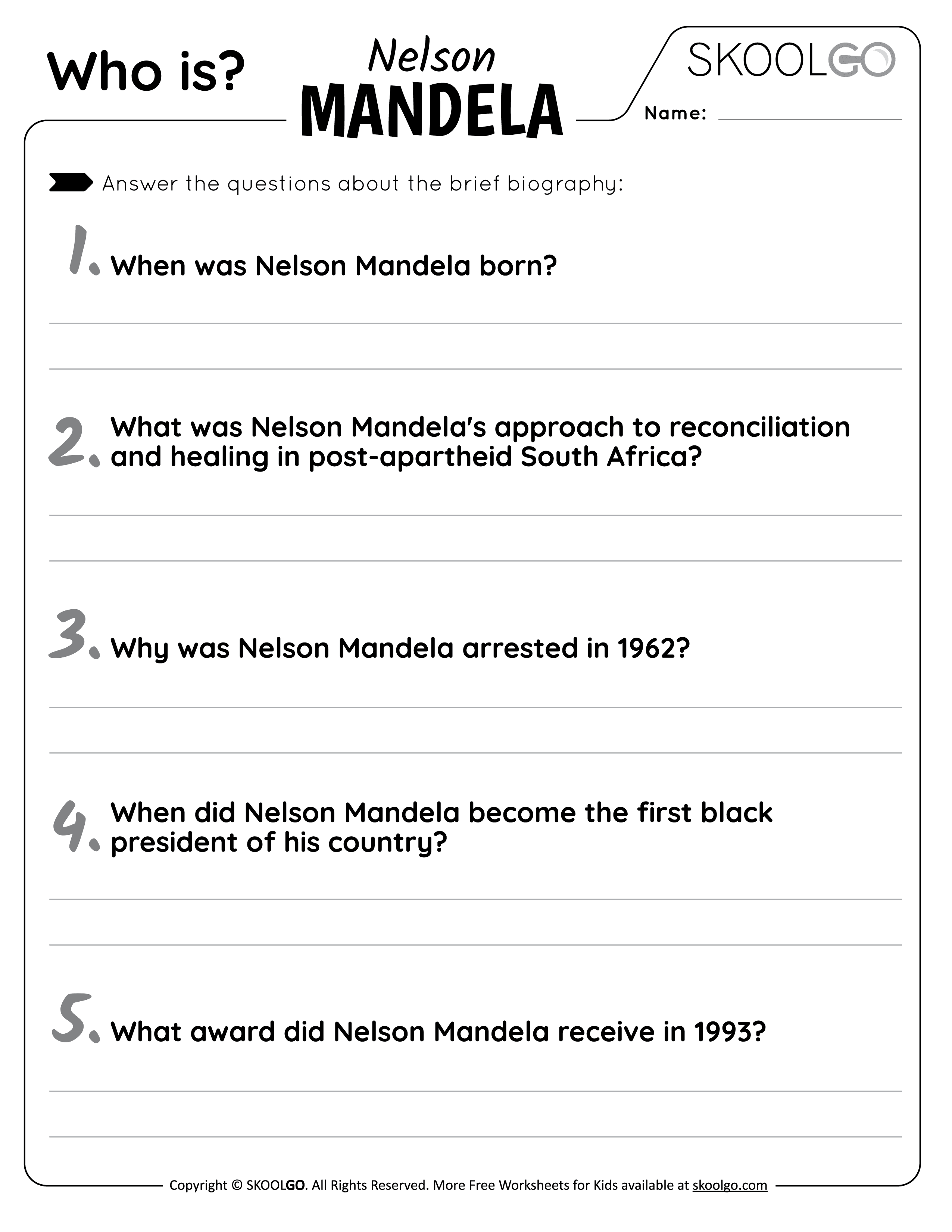 Who Is Nelson Mandela? - Free Worksheet for Kids - SKOOLGO