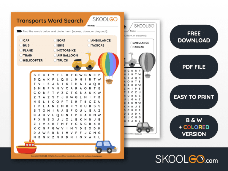 Free and Fun Worksheet for Kids - Transports Word Search - SkoolGO