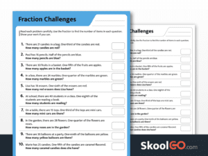 Preview image of the Fraction Challenges worksheet for Grades 2–4, showing both color and black & white printable pages.