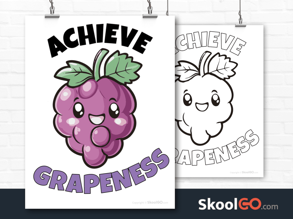 Achieve Grapeness poster worksheet with a smiling grape illustration motivational classroom printable
