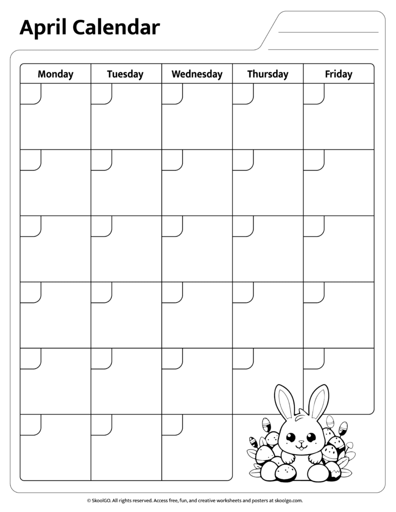 April calendar worksheet black and white page for kids to color and plan daily activities