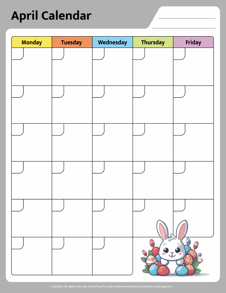April calendar worksheet color page with bunny and Easter eggs illustration for kids monthly planner