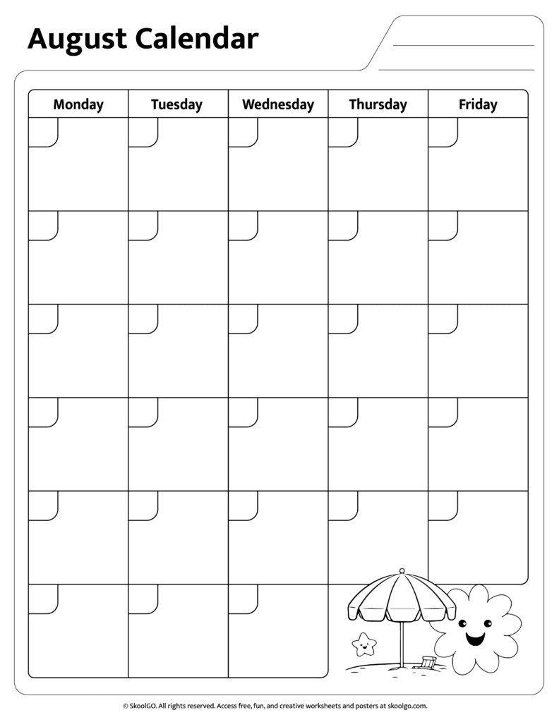 August Calendar Worksheet Black and White Page August calendar worksheet black and white page printable for kids to write and plan daily schedule