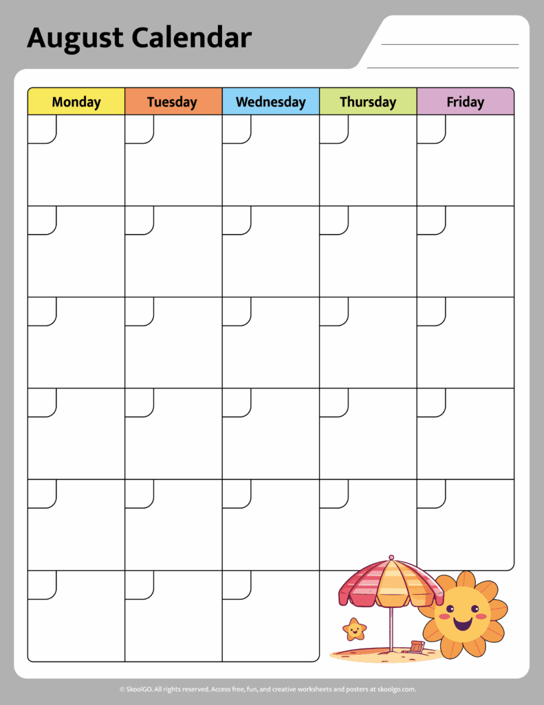 August Calendar Worksheet Color Page for Kids August calendar worksheet color page with summer sun and umbrella illustration for kids planning activities