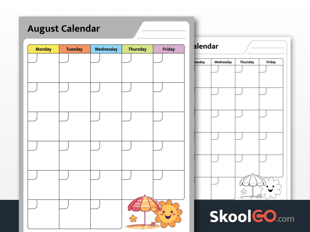 August calendar worksheet printable for kids with color and black and white pages for monthly planning