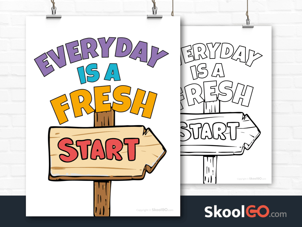 Everyday is a fresh start poster worksheet with colorful road sign design for classroom motivation