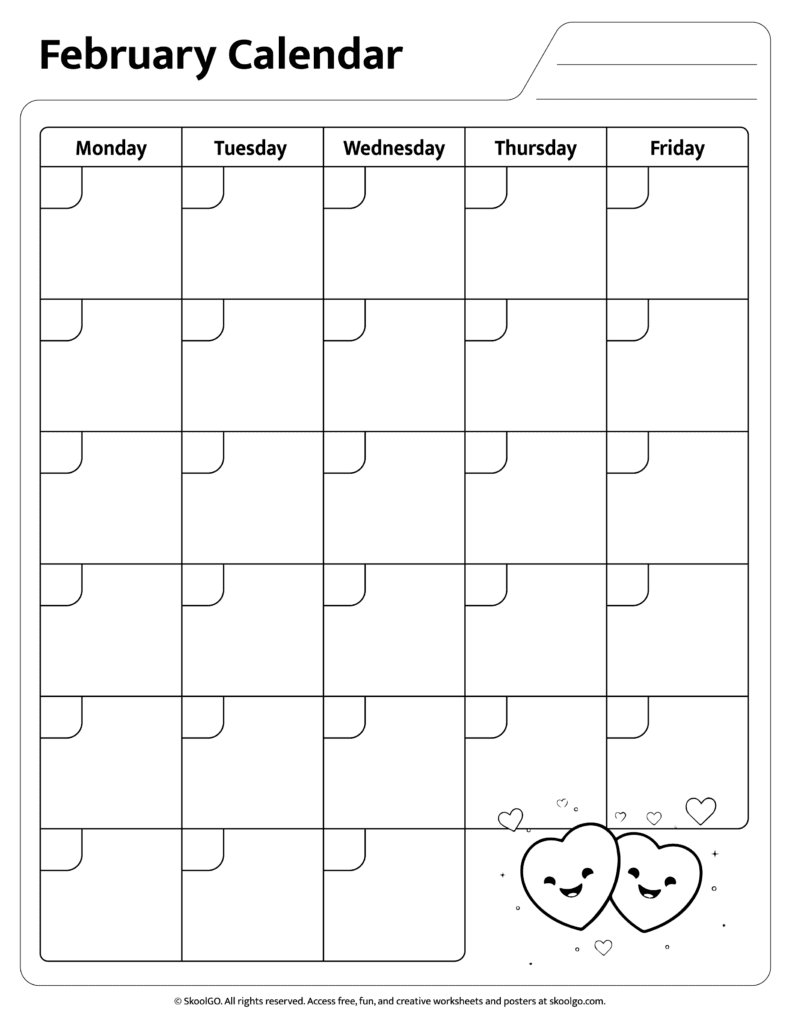 black and white February calendar worksheet for kids printable for coloring and planning activities