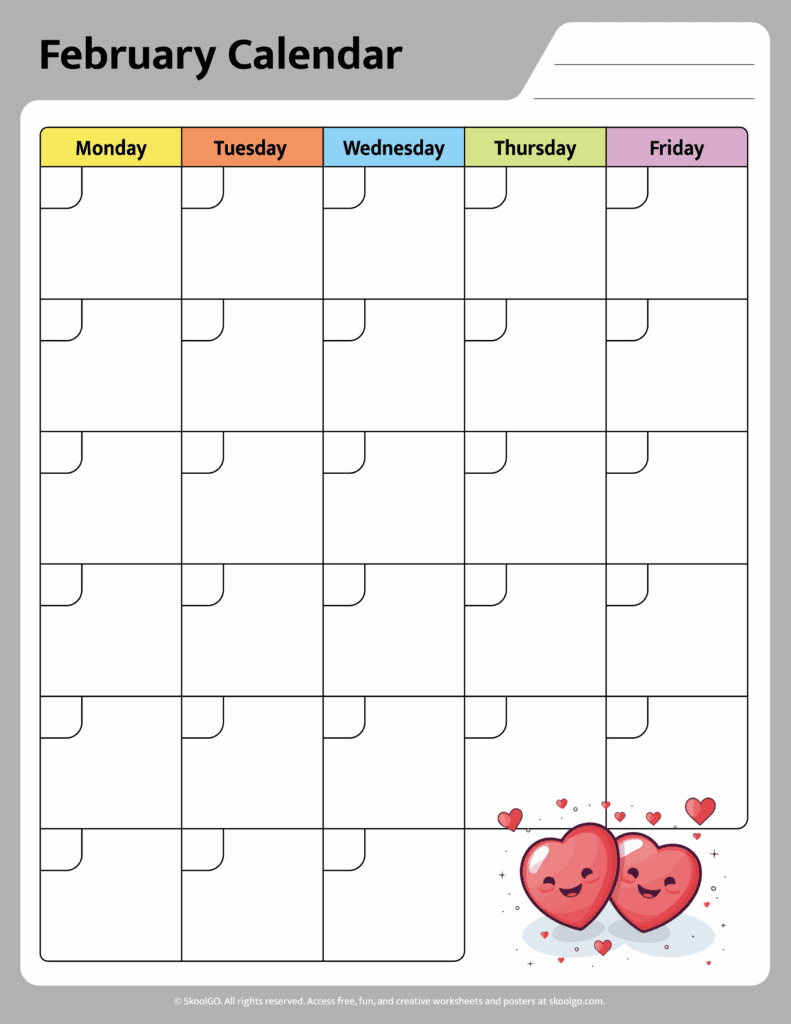 Color February calendar worksheet for kids with bright weekday headers and school bus illustration