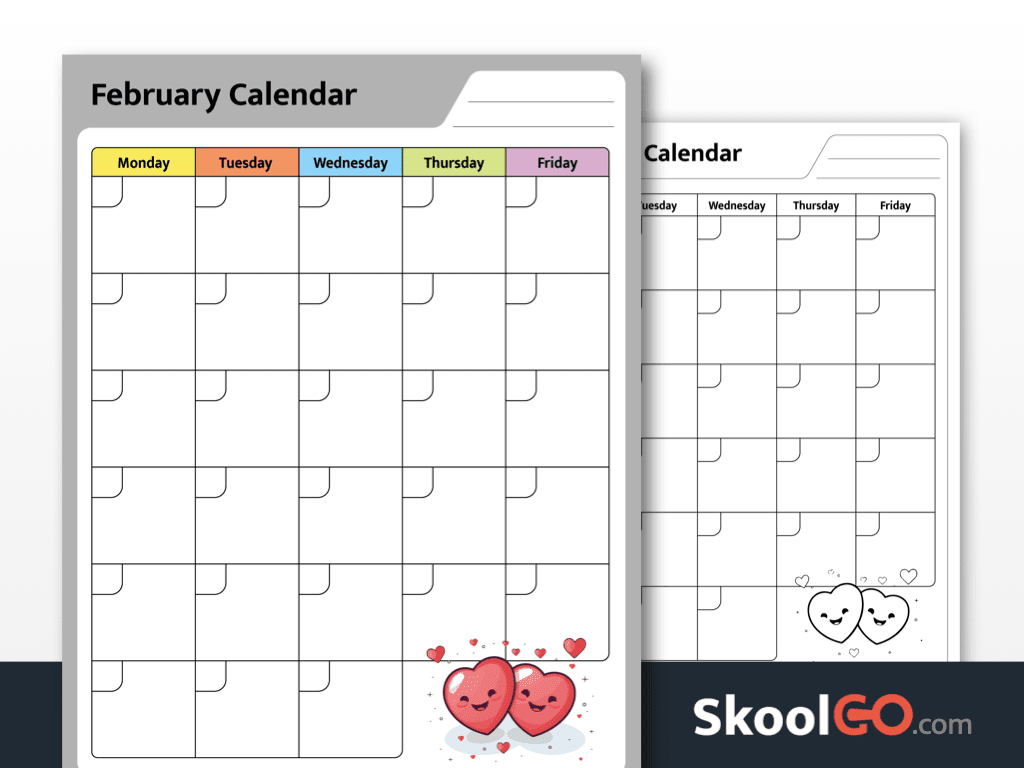 February calendar worksheet printable for kids with weekday layout and school bus illustration
