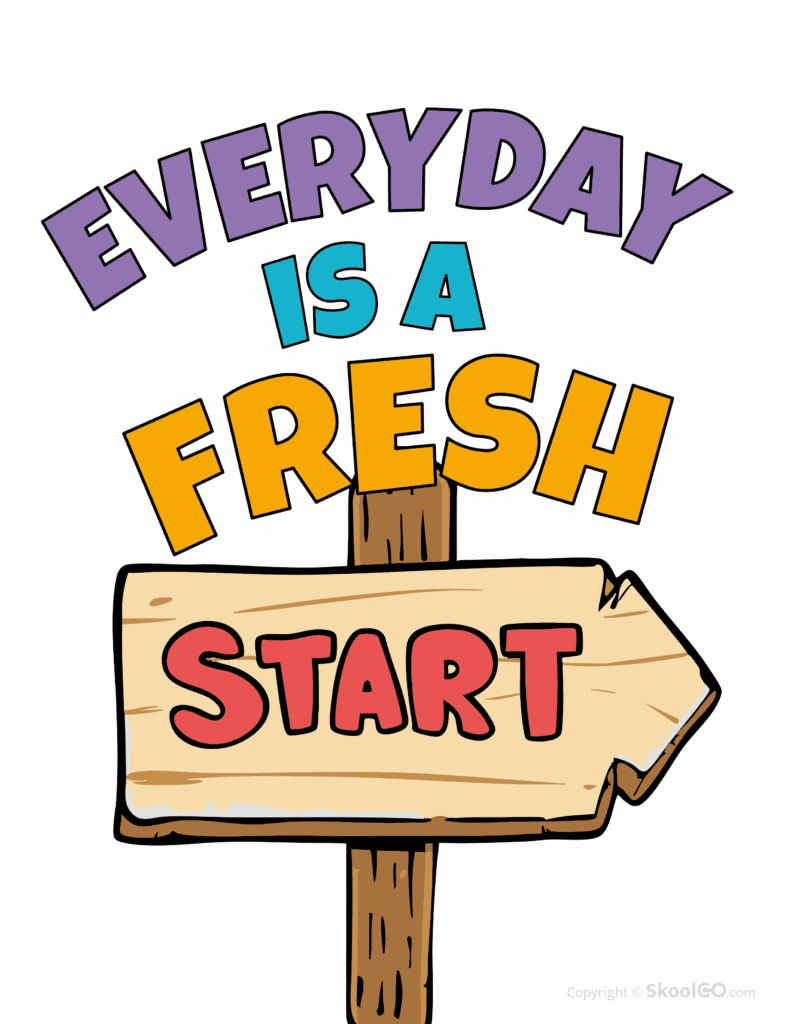 color poster worksheet page with everyday is a fresh start message and road sign illustration