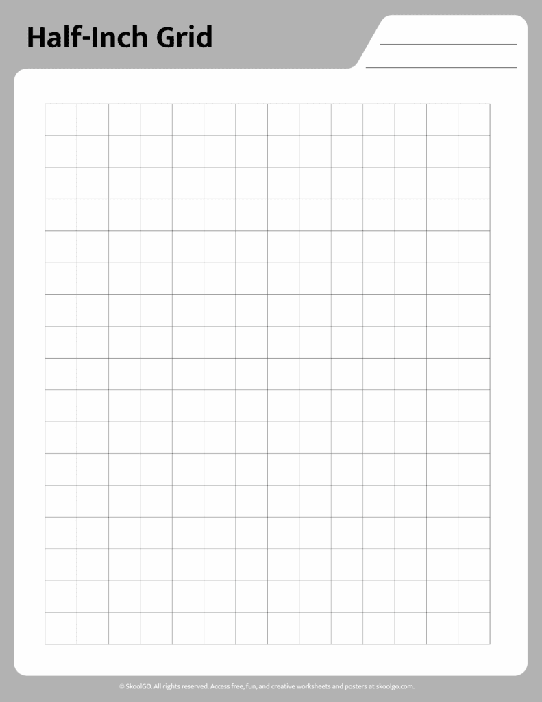 Half inch grid paper worksheet page with border for structured math and drawing practice
