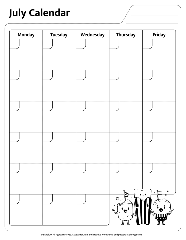 July Calendar Worksheet Black and White Page July calendar worksheet black and white page printable for kids with 4th of July theme