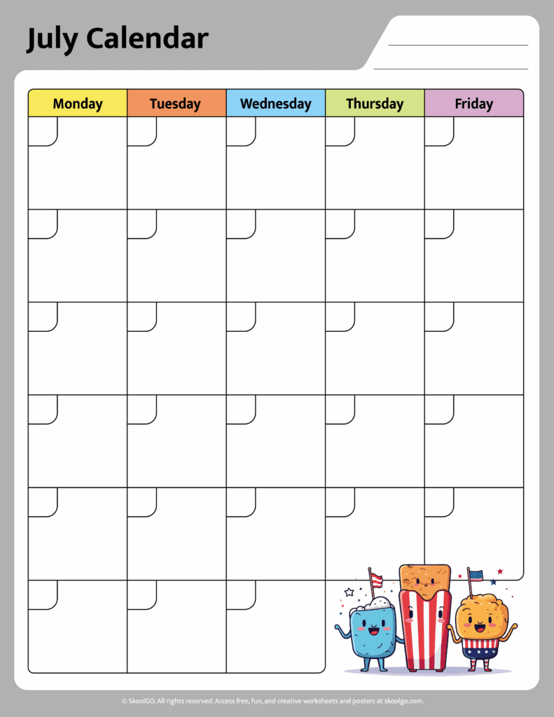 July Calendar Worksheet Color Page for Kids July calendar worksheet color page with 4th of July themed illustration for kids