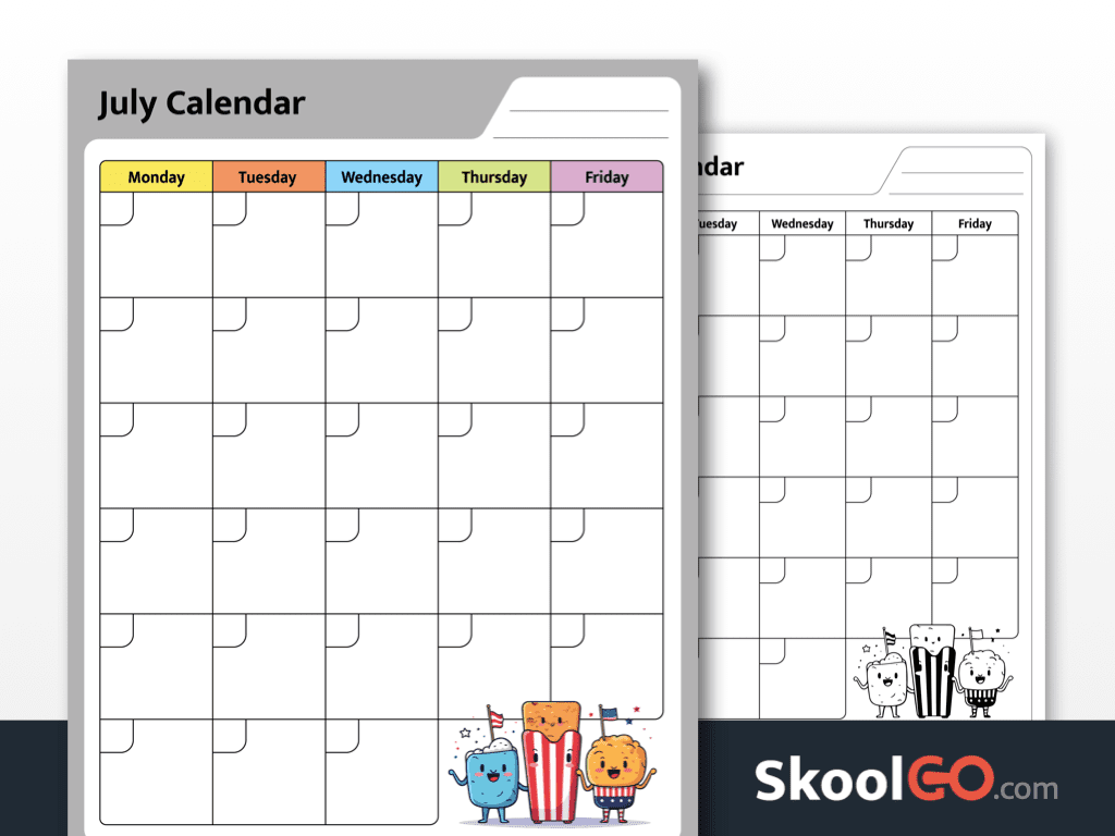 July calendar worksheet printable PDF for kids with color and black and white pages