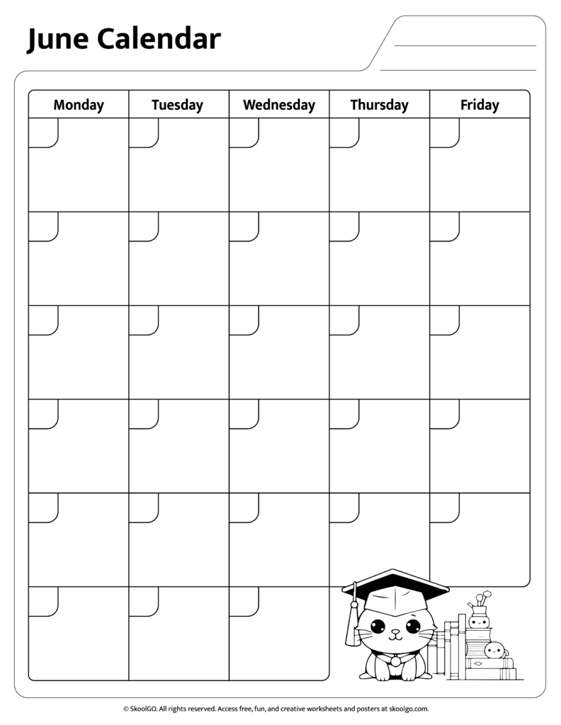 June Calendar Worksheet Black and White Page Printable for Kids black and white June calendar worksheet page printable for kids with large boxes and cute cat illustration