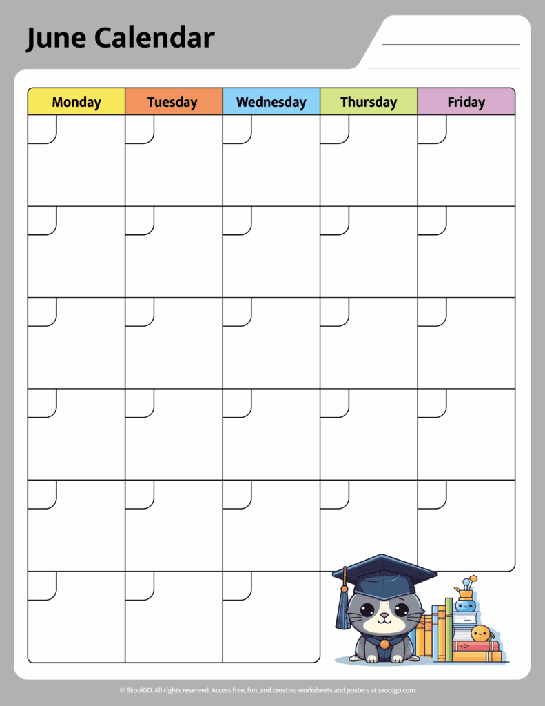 June Calendar Worksheet Color Page Printable for Kids color June calendar worksheet page printable for kids with weekday headers and graduation cat illustration