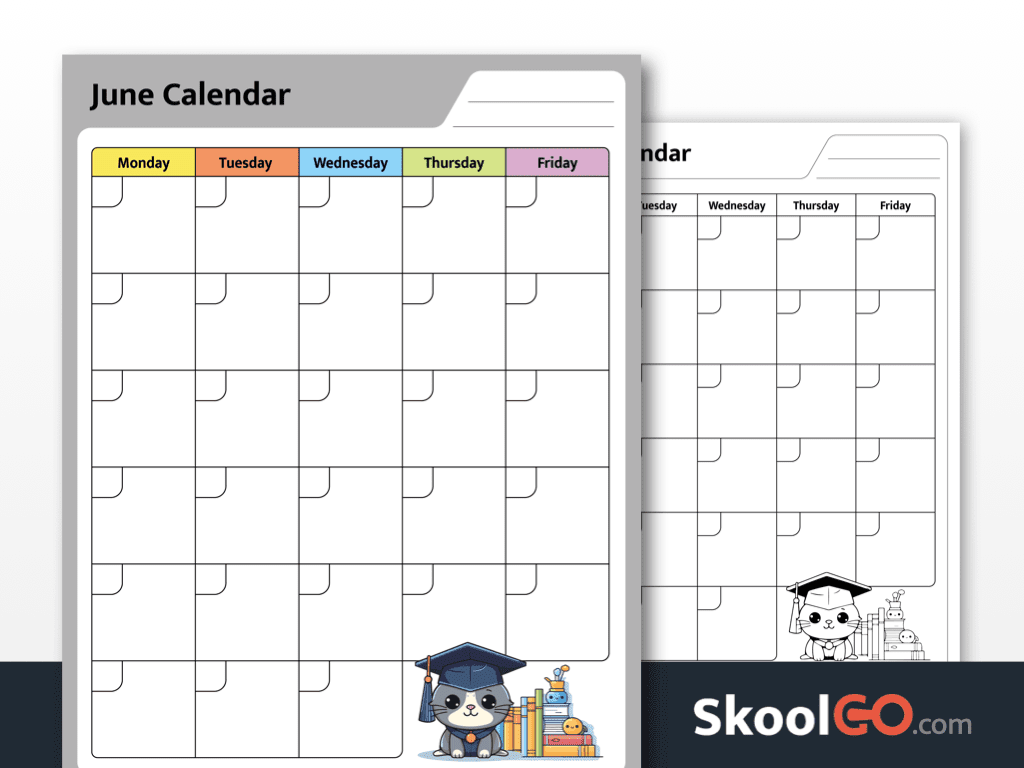 June calendar worksheet printable PDF for kids with color and black and white versions for monthly planning