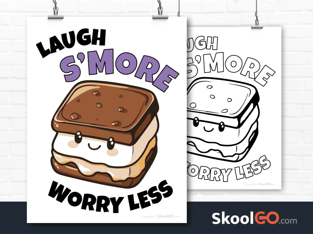 Laugh S'More Worry Less worksheet poster with cute smiling smore illustration for classroom positivity
