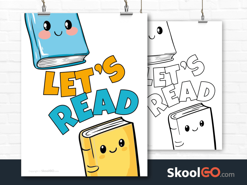 Let’s Read classroom poster worksheet with cute smiling books for early readers