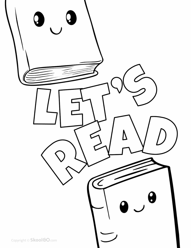 Black and white Let’s Read poster worksheet page with smiling books for coloring activity