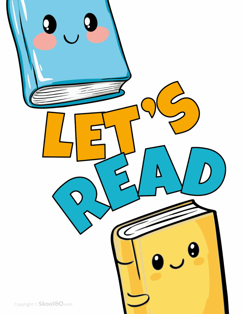 Colorful Let’s Read poster worksheet page with smiling books for classroom reading corner