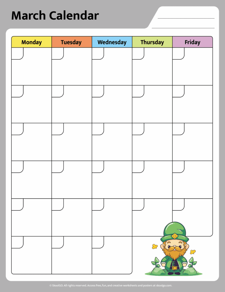 color march calendar worksheet page for kids with weekday columns and leprechaun theme