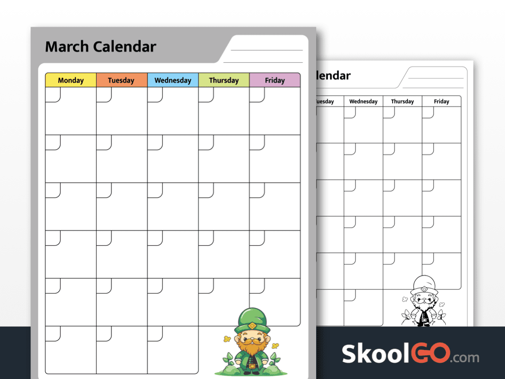 march calendar worksheet printable for kids with color and black and white versions