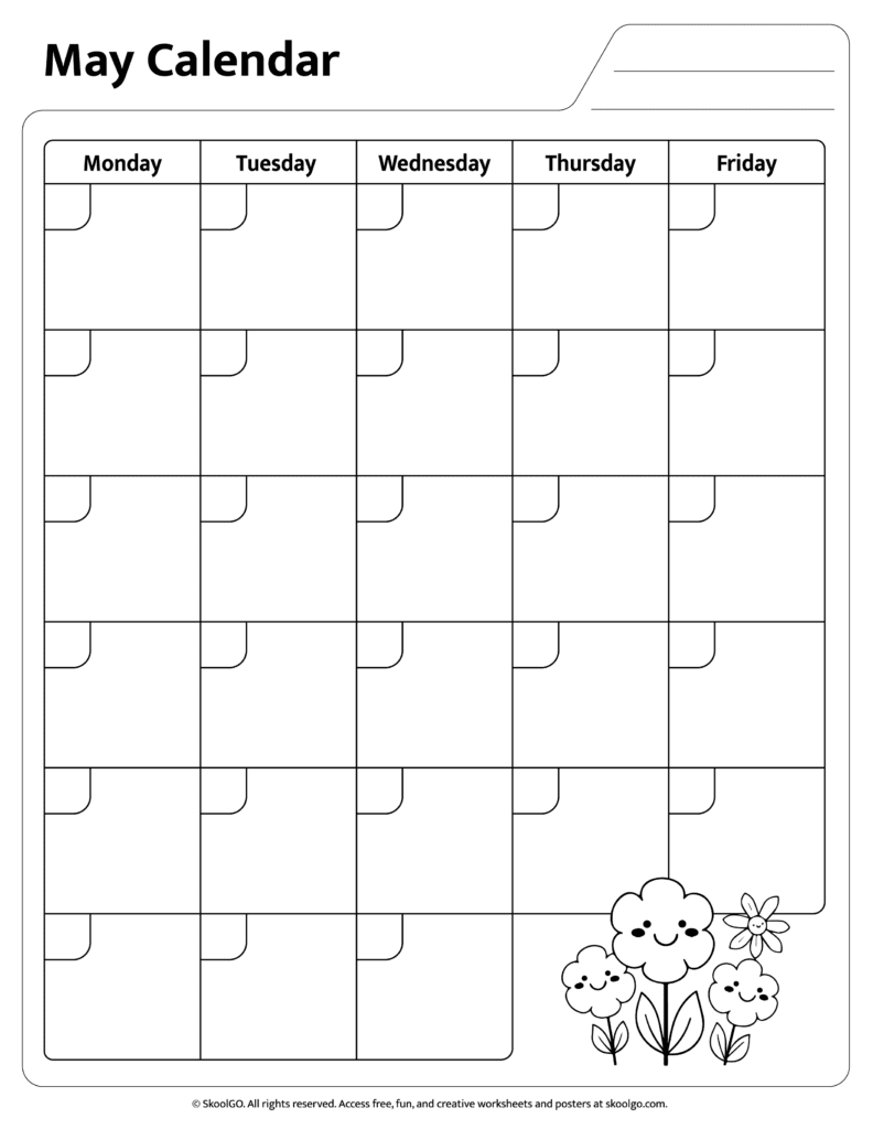 May Calendar Worksheet Black and White Page Printable May calendar worksheet black and white page printable for kids to write plan and color