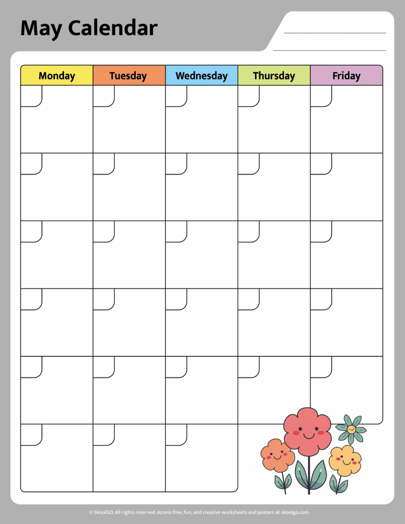 May Calendar Worksheet Color Page Printable May calendar worksheet color page printable with weekdays and flower illustration for kids