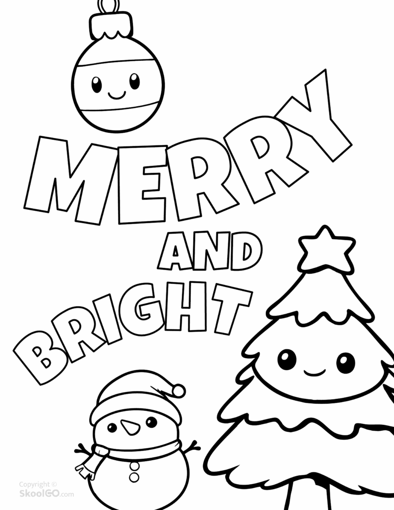 Merry and Bright Christmas Worksheet Black and White Page black and white Merry and Bright Christmas worksheet page for coloring with snowman tree and ornament