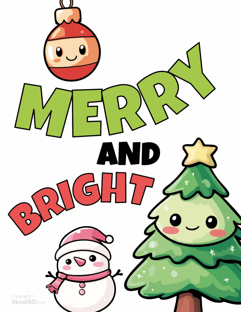 Merry and Bright Christmas Worksheet Color Page color Merry and Bright Christmas worksheet page with cute snowman Christmas tree and ornament for kids