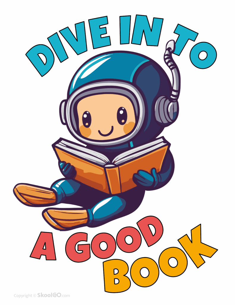 Color version of Dive Into a Good Book reading poster worksheet page with cute astronaut illustration