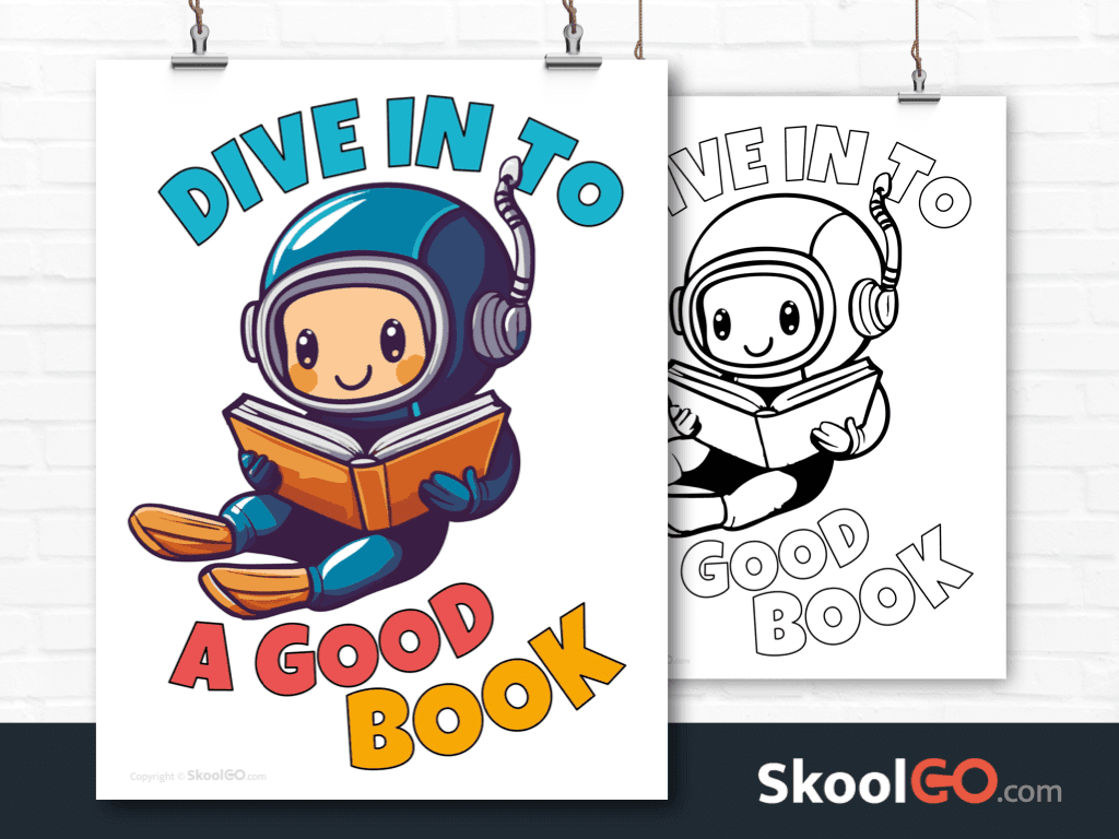 Dive Into a Good Book reading poster worksheet with smiling astronaut boy reading a book