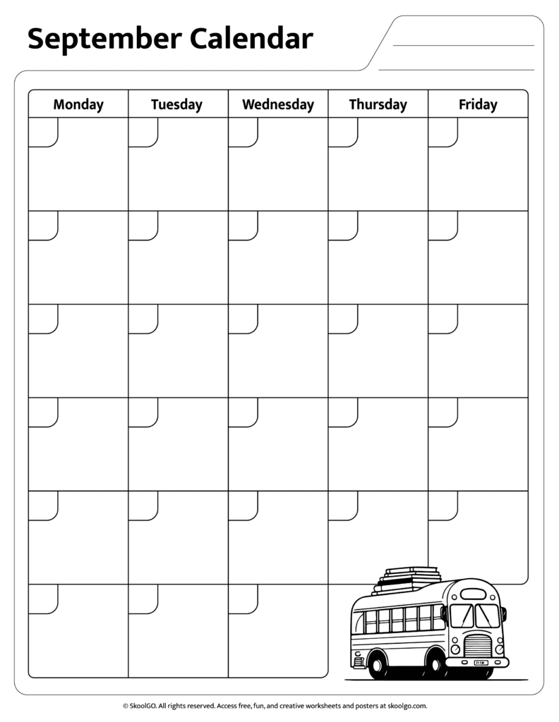 black and white September calendar worksheet for kids printable for coloring and planning activities