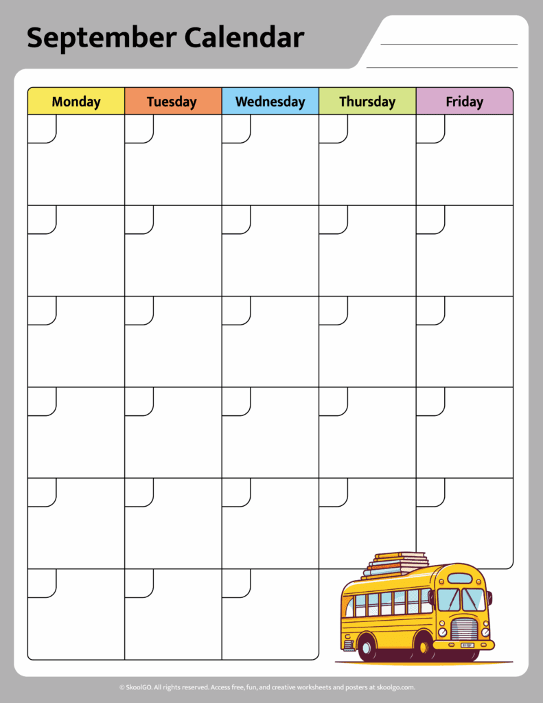 color September calendar worksheet for kids with bright weekday headers and school bus illustration