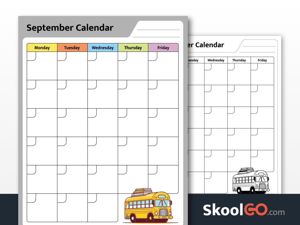 September calendar worksheet printable for kids with weekday layout and school bus illustration