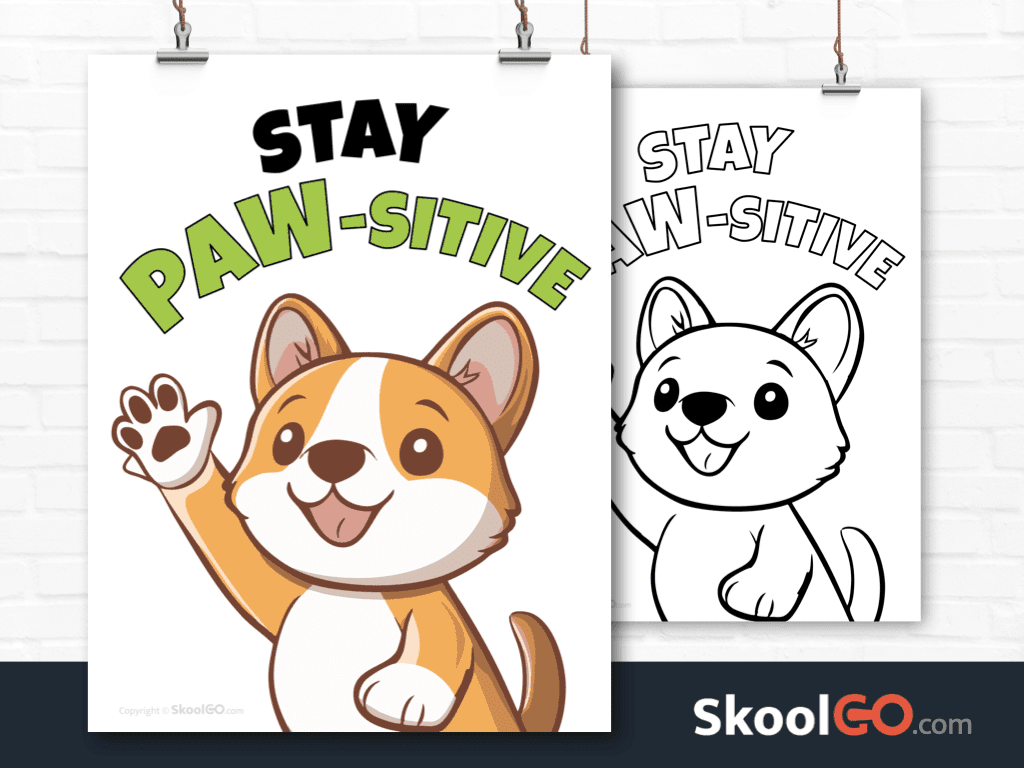Stay Paw-Sitive classroom poster worksheet featuring a smiling cat illustration for positive thinking
