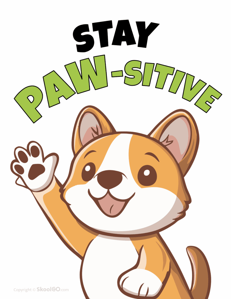 Stay Paw-Sitive color poster worksheet page with smiling cat illustration for classroom positivity