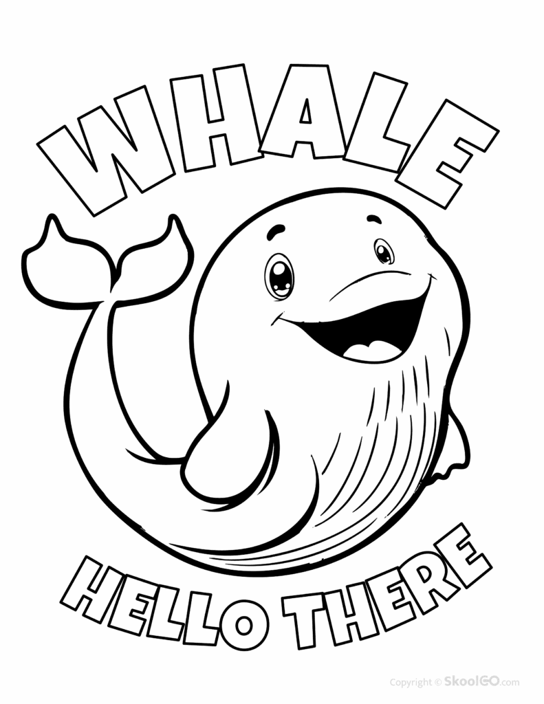 Whale Hello There coloring page worksheet black and white whale poster for kids coloring activity