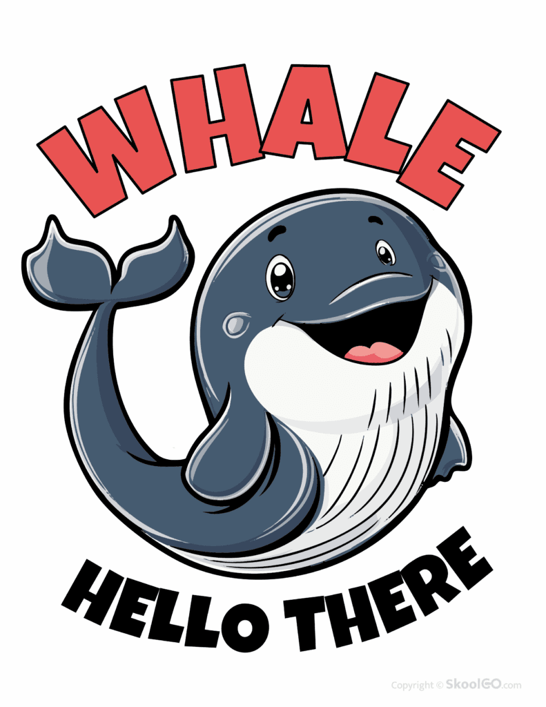 Whale Hello There worksheet color page with cute whale poster for classroom decoration