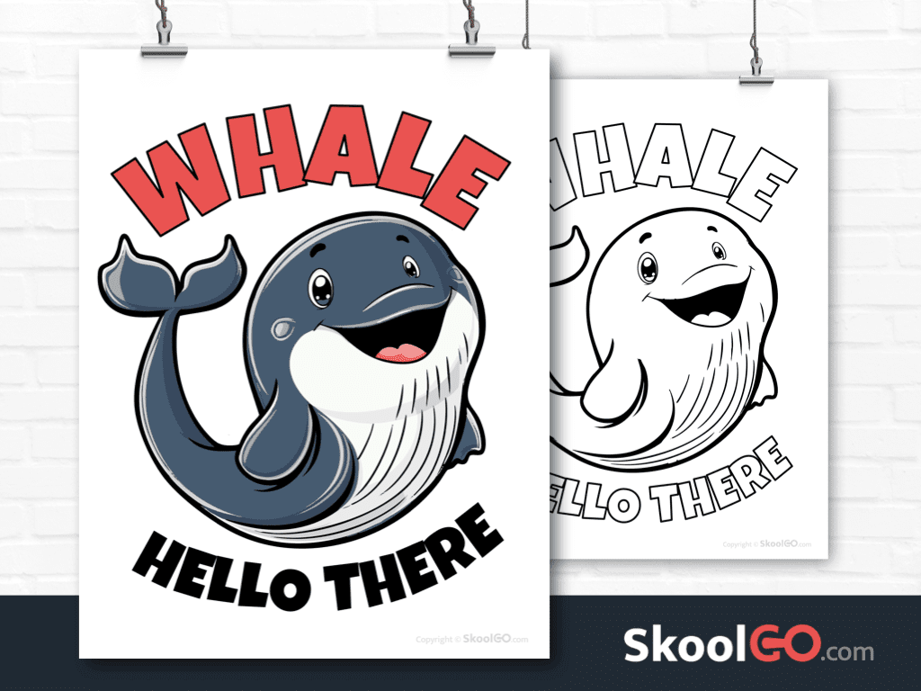 Whale Hello There worksheet classroom poster with smiling whale illustration for kids