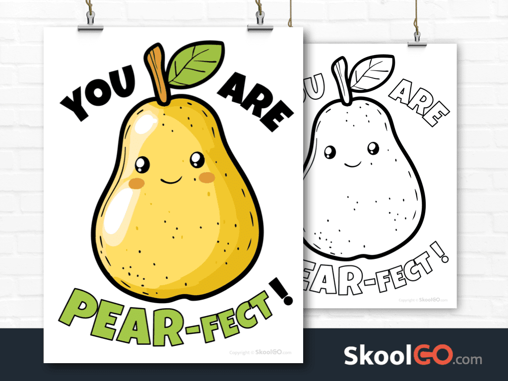 You Are Pear-Fect poster worksheet printable featuring a smiling pear illustration with positive message for classroom and kids decor