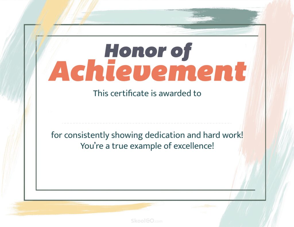 Printable achievement certificate template PDF for students showing dedication and hard work award layout
