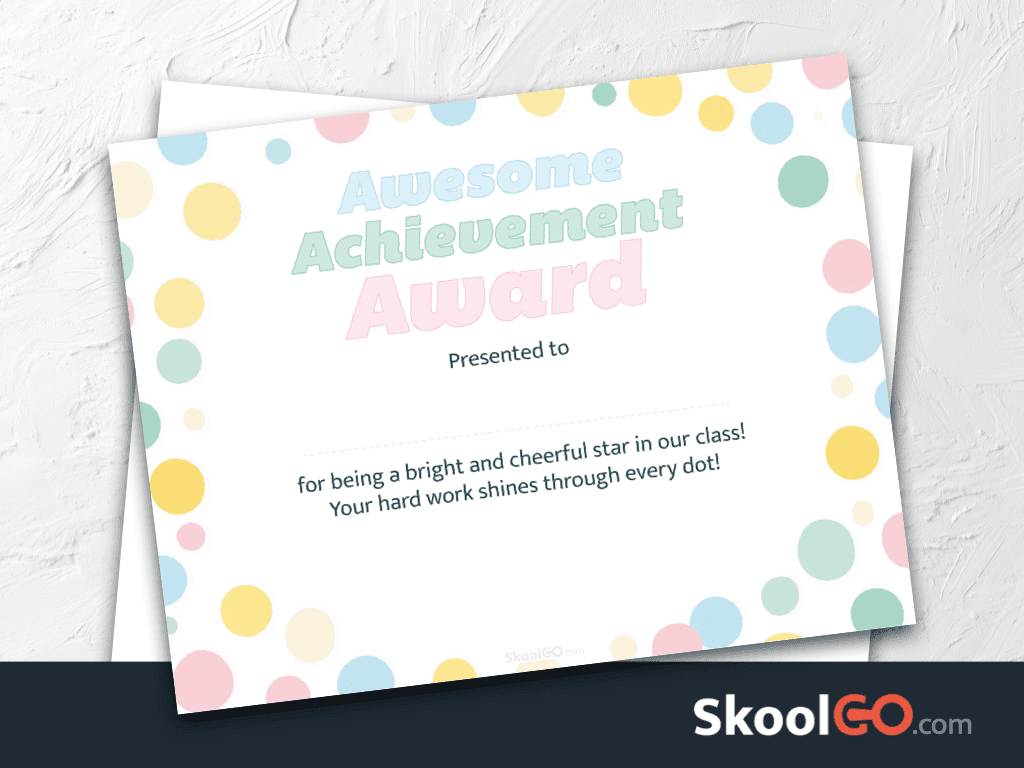 Awesome Achievement Award certificate template free printable for kids classroom with colorful design and Skoolgo branding