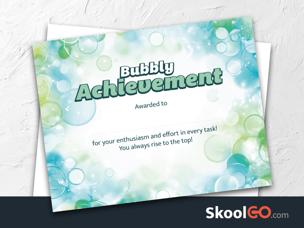 Bubbly Achievement certificate template featured image with certificate preview and SKOOLGO logo