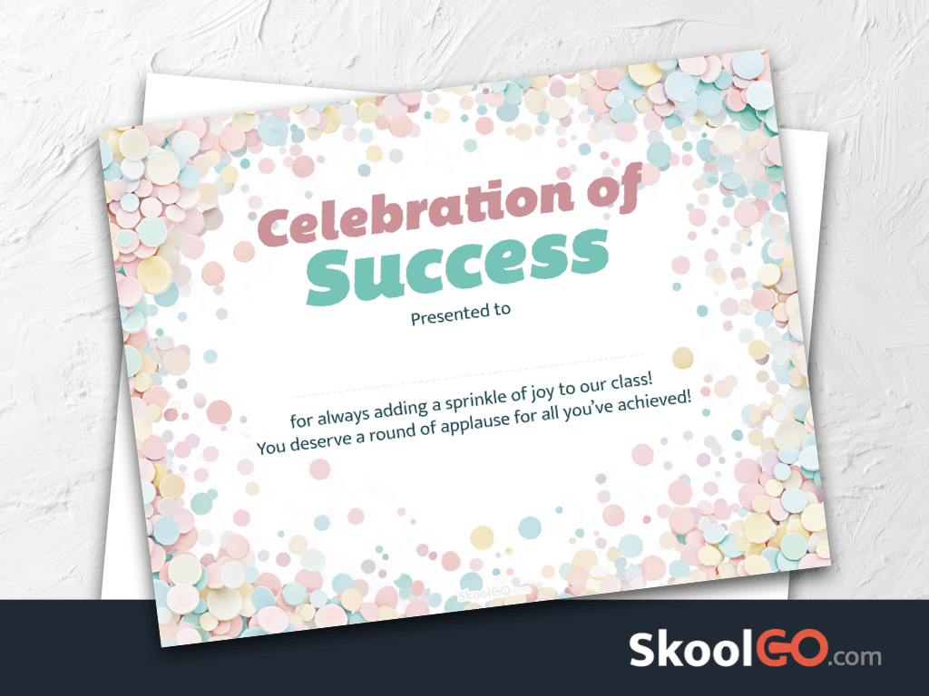 Celebration of success certificate template free printable with colorful confetti design for classroom student achievement