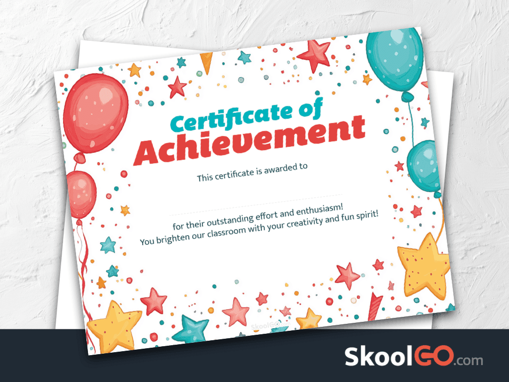 Certificate template for kids with colorful achievement award design and Skoolgo logo
